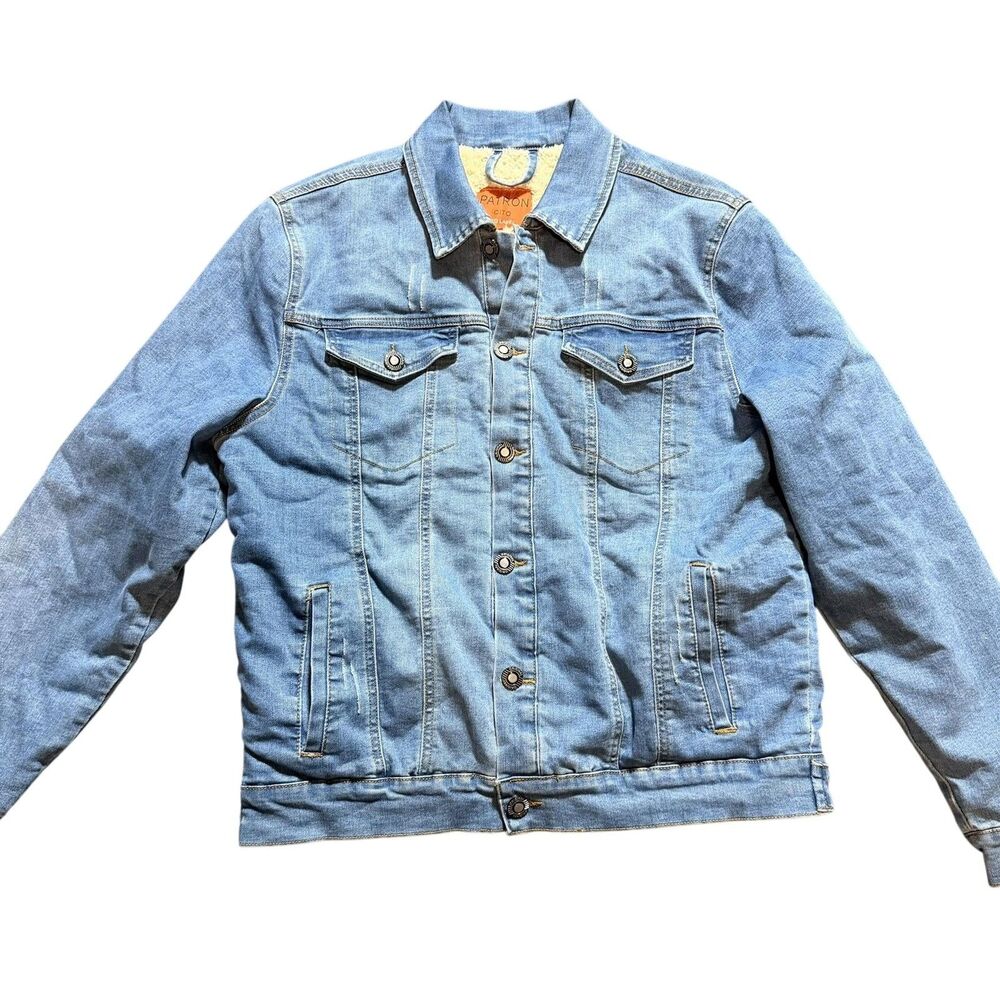 Patron Jacket Mens Large Blue Sherpa Lined Denim Trucker Button Up Bomber